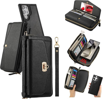 LITOU Compatible for Samsung Galaxy S26 Plus Crossbody Phone Case,Detachable Magnetic,Card Holder,Zipper Leather Wallet Wrist Lanyard Strap Case for Women Men.Black