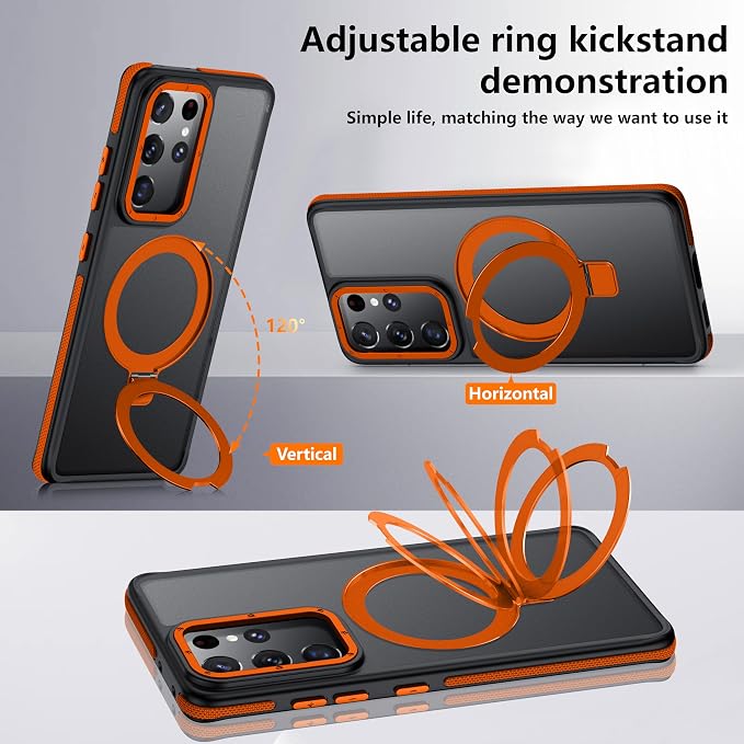 for Samsung Galaxy S21 Ultra Case, Magnetic Adjustable Ring Stand [Fit for Magsafe], [Military-Grade Shockproof Protection] Phone Case for S21 Ultra Case with Kickstand&Ring Holder (Orange)2