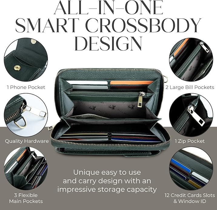 BULL GUARD Crossbody Leather Wallet Phone Purse, Anti Theft and RFID Blocking, Elegant Design for Travel