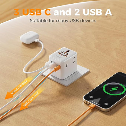 TESSAN Universal Travel Adapter, International Power Adapter | Extra 2 Prong AC Outlet, 5 USB Ports (3 USB C), 28W, Worldwide Plug for US to Europe UK Australia Ireland, Type C G A I