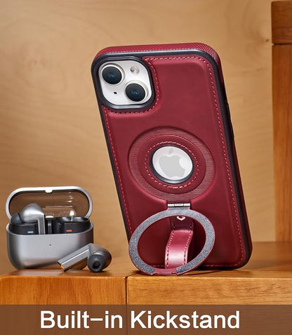 for iPhone 14 /iPhone 13 Leather Case with Stand, Anti-Slip Grip Ring, Fits for MagSafe (Burgundy, iPhone 14/13)