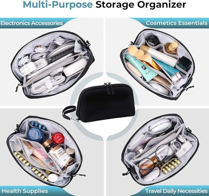 FYY Travel Cable Organizer - 8 Compartments, Lightweight, Water Repellent | With Wrist Strap, Portable Tech Pouch for Cord Charger, Travel and Business Trips Use, Soft Shell Nylon, Black (Large)
