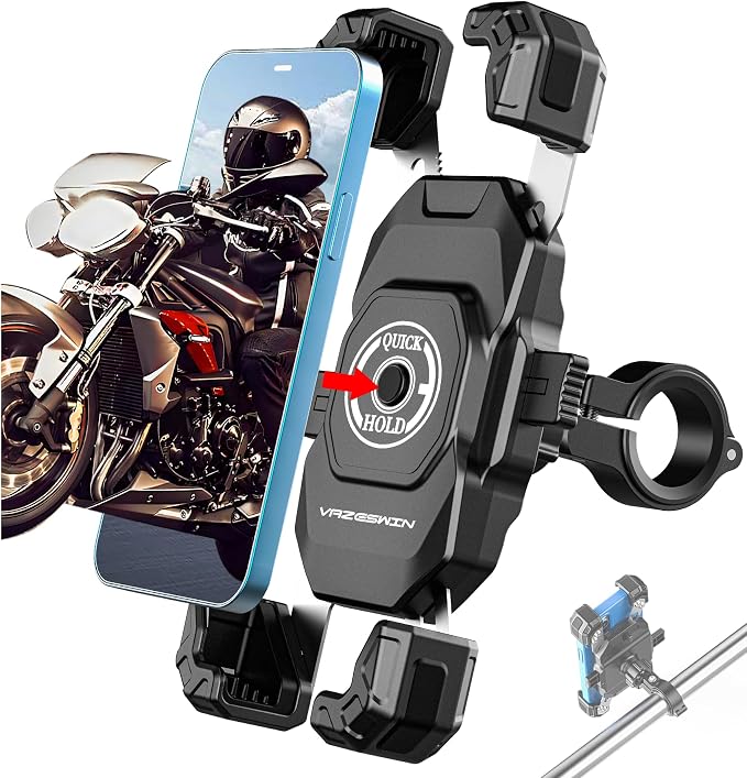 VAZESWIN Motorcycle Phone Mount, 1s Lock Bike Phone Holder, One-Handed Operation Motorcycle Cellphone Mount with Aluminum Alloy Handlebar Mounting Base for Bicycle Scooter, Fit 5.4"-7" Smartphone