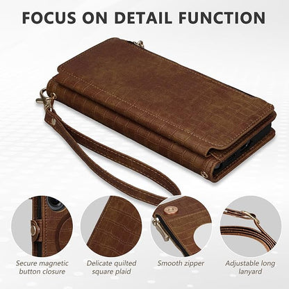 Crossbody Wallet Case for Samsung Galaxy S26 Ultra with Mirror, Wrist Strap, Zipper Purse Magnetic Flip, RFID Blocking Card Holder, PU Leather Shockproof Women (Brown)