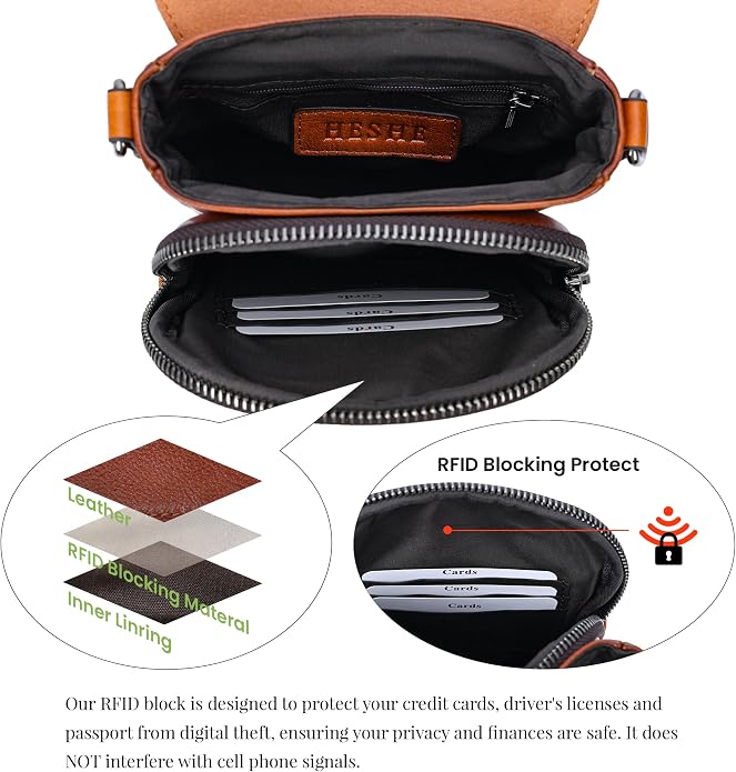 HESHE Leather Small Crossbody Bags for Women RFID Blocking Cell Phone Purse Anti-Theft Travel Bag with wide Straps