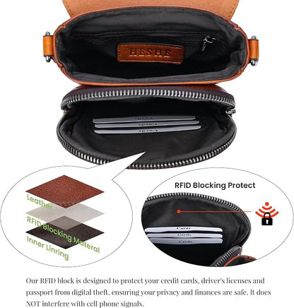 HESHE Leather Small Crossbody Bags for Women RFID Blocking Cell Phone Purse Anti-Theft Travel Bag with wide Straps