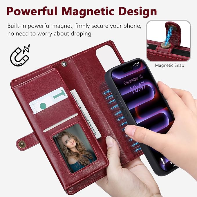 Wallet Case for iPhone 16 Pro Max with Card Holder/Crossbody Wallet/Strap| RFID Blocking | Magnetic | Kickstand | Detachable | PU Leather Phone Case for iPhone 16 Pro Max,6.9 in,Wine Red