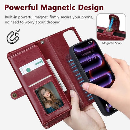 Wallet Case for iPhone 16 Pro Max with Card Holder/Crossbody Wallet/Strap| RFID Blocking | Magnetic | Kickstand | Detachable | PU Leather Phone Case for iPhone 16 Pro Max,6.9 in,Wine Red