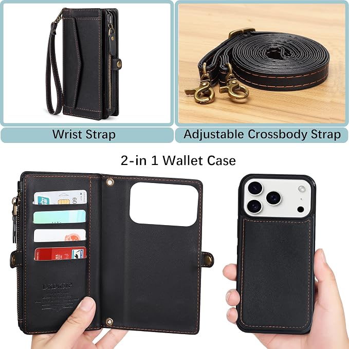 Compatible with iPhone 17 Pro 6.3" Wallet Case with RFID Blocking Card Holder for Women, PU Leather Flip Zipper Wallet Detachable Magnetic Phone Case Crossbody Strap, Black