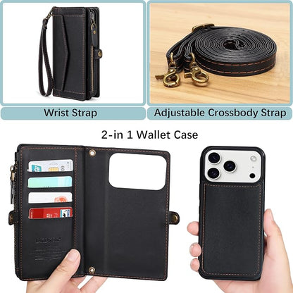 Compatible with iPhone 17 Pro 6.3" Wallet Case with RFID Blocking Card Holder for Women, PU Leather Flip Zipper Wallet Detachable Magnetic Phone Case Crossbody Strap, Black