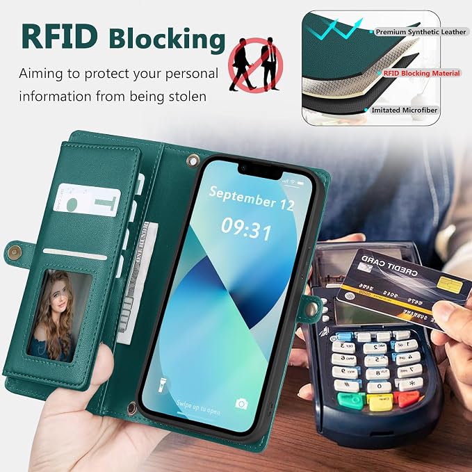 Wallet Case for iPhone 13 with Card Holder/Crossbody Wallet/Strap| RFID Blocking | Magnetic | Kickstand | Detachable | PU Leather Phone Case for iPhone 13,6.1 in,Green