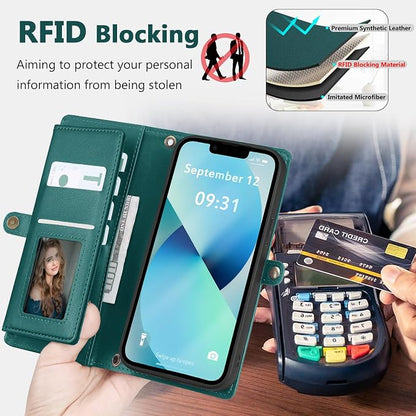 Wallet Case for iPhone 13 with Card Holder/Crossbody Wallet/Strap| RFID Blocking | Magnetic | Kickstand | Detachable | PU Leather Phone Case for iPhone 13,6.1 in,Green