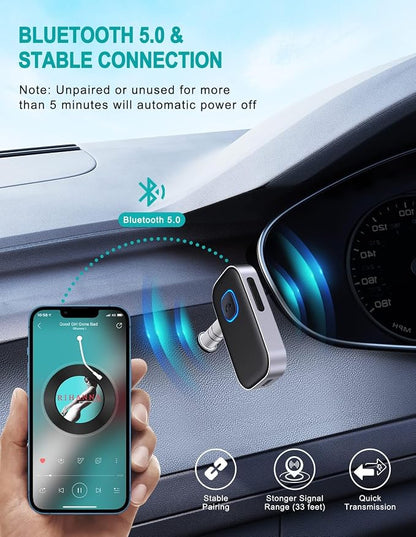 Bluetooth Car Adapter, WOCBUY 3.5mm AUX Bluetooth Receiver for Music Streaming, Wireless Music Audio Adapter with Built-in Mic, Home Stereo, Speakers (Handsfree Car Kits, 16H Playtime)