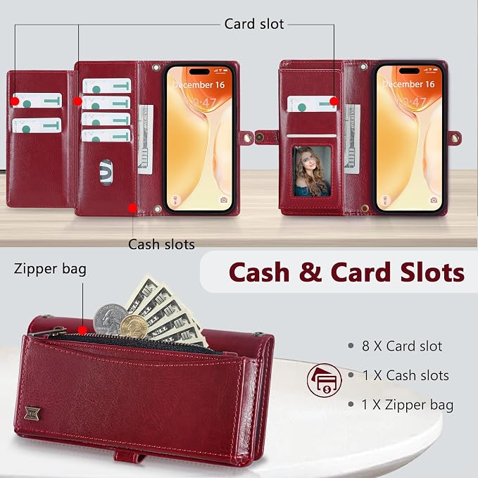 Wallet Case for iPhone 15 with Card Holder/Crossbody Wallet/Strap| RFID Blocking | Magnetic | Kickstand | Detachable | PU Leather Phone Case for iPhone 15,6.1 in,Wine Red