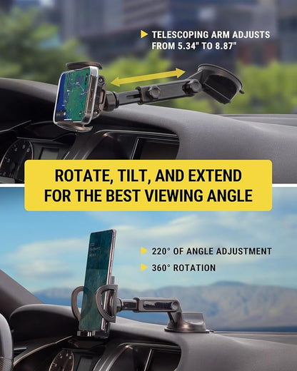 Scosche Phone Mount for Car, Universal Hands Free Windshield/Dashboard, Suction Cup Cell Phone Holder with 360° Rotation, Includes Screen Cleaner, Stand Compatible with iPhone and Android