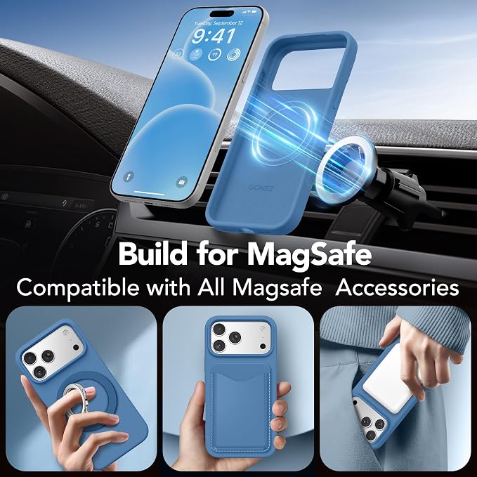 GONEZ Magnetic for iPhone 17 Pro Case, Compatible with MagSafe, [Screen Protector + Camera Lens Protector], Liquid Silicone Anti-Scratch Shockproof Protective Phone Case 6.3 inch, Lake Blue
