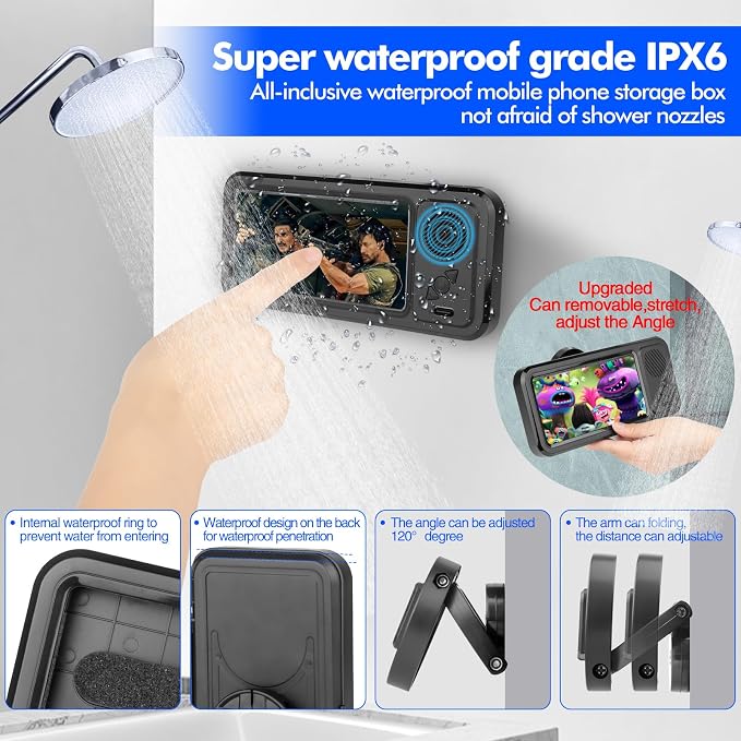 Fanlory Shower Phone Holder with Wireless Bluetooth Speaker, Waterproof 480 Rotation Viewable Shower Phone Stand Case Mount Speakers for Bathroom Wall Mirro for 4"- 6.8" Cell Phones(Black)