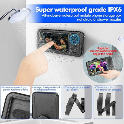 Fanlory Shower Phone Holder with Wireless Bluetooth Speaker, Waterproof 480 Rotation Viewable Shower Phone Stand Case Mount Speakers for Bathroom Wall Mirro for 4"- 6.8" Cell Phones(Black)
