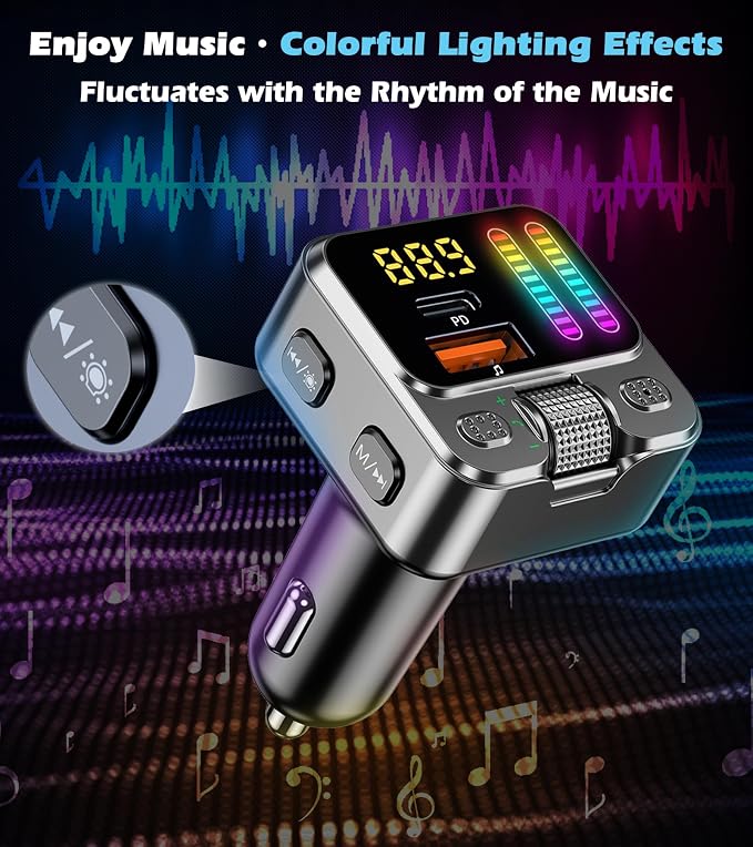 Bluetooth 5.3 Car Adapter with FM Transmitter & 42W PD Fast Charging, Wireless AUX/USB Music Receiver, Hands-Free Calls, Beat Sync LED Lights for Car Stereo, Compatible with All 12V-24V Vehicles