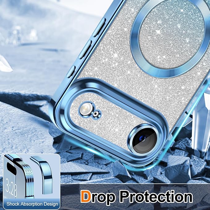 Hython for iPhone Air Case Glitter Clear Magnetic Phone Cases [Compatible with MagSafe] Full Camera Lens Protector Sparkle Luxury Plating Slim Shockproof Protective Cover, Gradient Light Blue