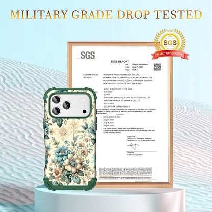 Hocase for iPhone 17 Pro Case 6.3", Heavy Duty Shockproof Protection Soft Silicone Rubber+Hard Plastic Bumpers Hybrid Protective Case for iPhone 17 Pro 2025 - Teal Blue Flowers