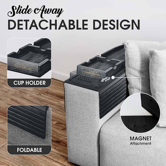 Couch Cup Holder Tray with 2 Cork Coasters, Couch Caddy, Anti-Slip Foldable Armrest Sofa Tray, Couch Armrest Table, Anti-Spill Holder for Remote, Snacks, Cellphone - Ideal Gift (Black)