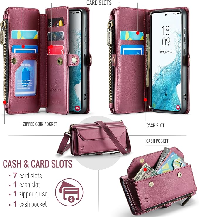 Strapurs Crossbody Wallet Case Compatible with Samsung Galaxy S22 5G RFID Blocking Card Holder Soft PU Leather Magnetic Snap Shoulder Strap Zipper Pocket Phone Case Fit for Galaxy S22 6.1" - Wine Red