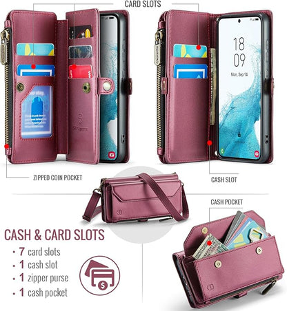 Strapurs Crossbody Wallet Case Compatible with Samsung Galaxy S22 5G RFID Blocking Card Holder Soft PU Leather Magnetic Snap Shoulder Strap Zipper Pocket Phone Case Fit for Galaxy S22 6.1" - Wine Red