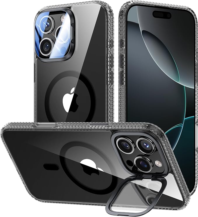 [Upgraded] for iPhone 16 Pro Case with Camera Cover Stand [Fit for MagSafe][9H Camera Lens Protector] Mil-Grade Protection Transparent Magnetic iPhone 16 Pro Phone Case, Clear Black