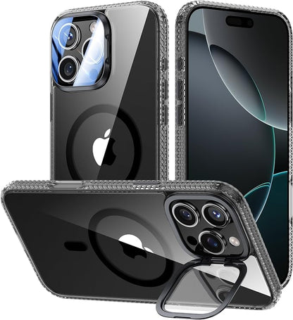 [Upgraded] for iPhone 16 Pro Case with Camera Cover Stand [Fit for MagSafe][9H Camera Lens Protector] Mil-Grade Protection Transparent Magnetic iPhone 16 Pro Phone Case, Clear Black
