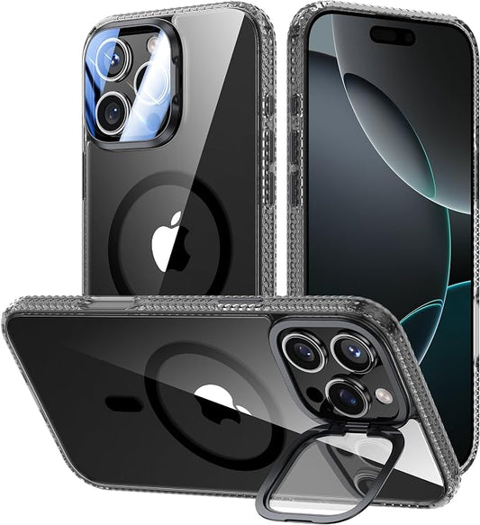 [Upgraded] for iPhone 16 Pro Case with Camera Cover Stand [Fit for MagSafe][9H Camera Lens Protector] Mil-Grade Protection Transparent Magnetic iPhone 16 Pro Phone Case, Clear Black