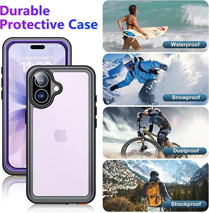 Temdan Compatible with iPhone 17 Case,Waterproof Built-in Screen & Camera Protector IP68 Underwater Full Body 17FT Military Dropproof Shockproof Phone Case 6.3"-Purple/Clear