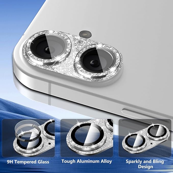 Camera Lens Protector for iPhone 16/iPhone 16 Plus, Bling Glitter Camera Cover with 9H Tempered Glass Metal Ring, Anti-Scratch Lens Protector for iPhone 16/iPhone 16 Plus (Glitter - Silver)