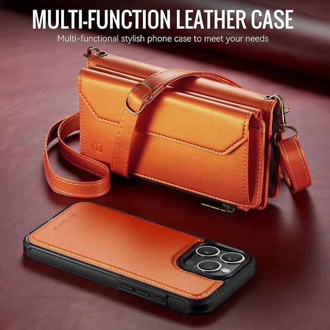 Strapurs for iPhone 16 Pro Max Detachable Wallet Case Compatible with Magsafe, RFID Blocking 9-Card Holder Zipper Strap Lanyard PU Leather Magnetic Phone Case for iPhone 16 Pro Max 6.9", Orange