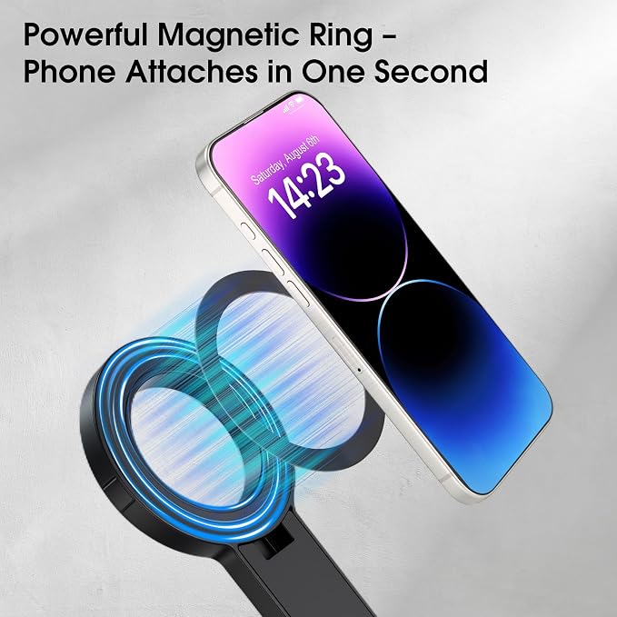 Magnetic Phone Tripod,76" Auto-Open Phone Stand with Metal Ring & Rechargable Remote,Portable Selfie Stick with Magnetic Holder for Magsafe,360°Rotatable Phone Stand Travel for iPhone/Android/Camera