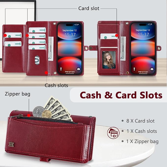 Wallet Case for iPhone 17 Pro Max with Card Holder/Crossbody Wallet/Strap,[RFID Blocking][Magnetic] PU Leather Phone Case for iPhone 17 Pro Max,6.9 in,Wine Red