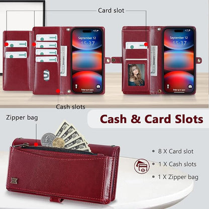 Wallet Case for iPhone 17 Pro Max with Card Holder/Crossbody Wallet/Strap,[RFID Blocking][Magnetic] PU Leather Phone Case for iPhone 17 Pro Max,6.9 in,Wine Red