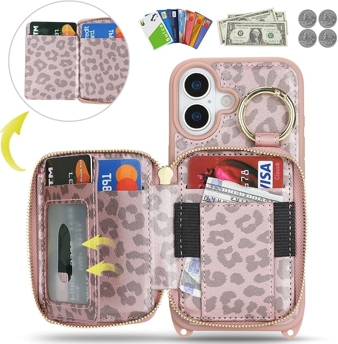 Crossbody Wallet Case for iPhone 17, PU Leather Zipper Handbag Purse Flip Cover, Kickstand Folio Case with Card Slots Holder Wrist Strap Lanyard 5G 6.3 Inch-Pink Leopard