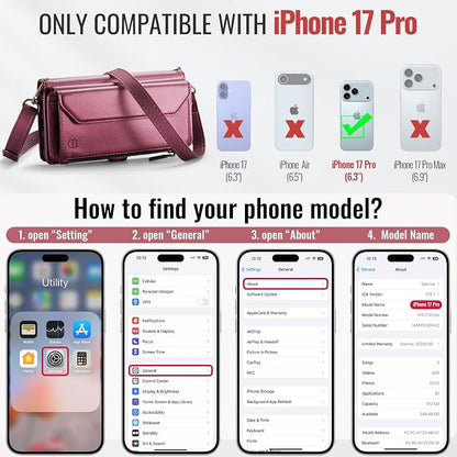 Strapurs Wallet Case Compatible with iPhone 17 Pro 6.3" RFID Blocking 9-Card Holder Soft PU Leather Magnetic Snap Shoulder Strap Zipper Pocket Phone Case Fit for iPhone 17 Pro for Women - WineRed