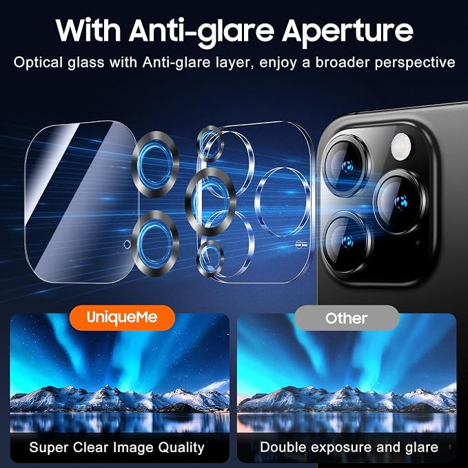 UniqueMe for 3 Pack iPhone 16 Pro/iPhone 16 Pro Max Camera Lens Protector - [Drop Protection] [Case Friendly] 9H Tempered Glass Camera Cover Screen [Update New Version] - Matte Black