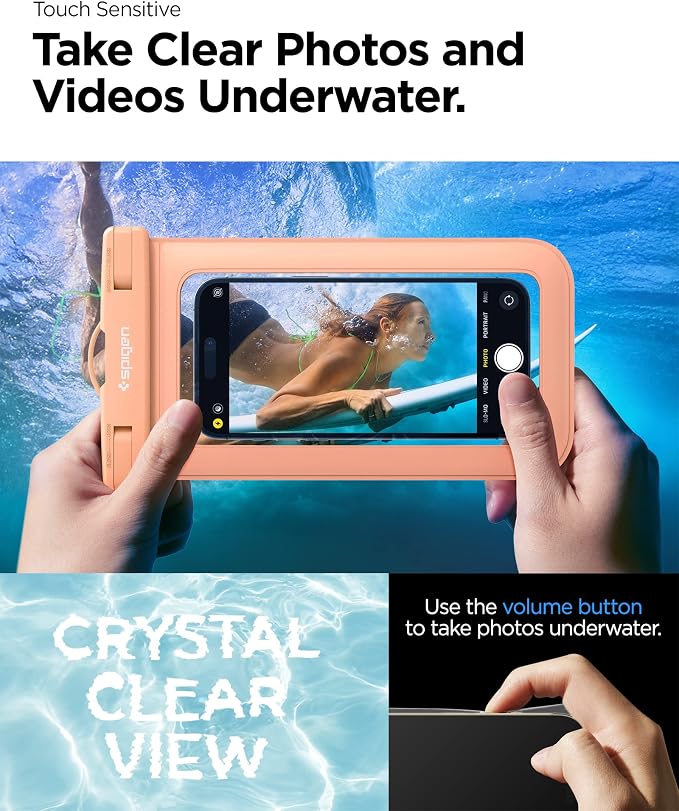 Spigen AquaShield Universal Waterproof Phone Pouch, Waterproof Phone Case, PVC Protective Dry Bag Cases with IPX8 A601 Compatible with iPhone, Galaxy, Google (Pack of 1) - Transparent Apricot