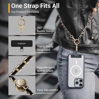 MAGEASY Crossbody Phone Chain Strap - Universal Metal Crossbody Phone Lanyard With Adjustable Length, Chic Cell Phone Necklace Phone Strap for iPhone & Android Phones - Classic Gold Metal