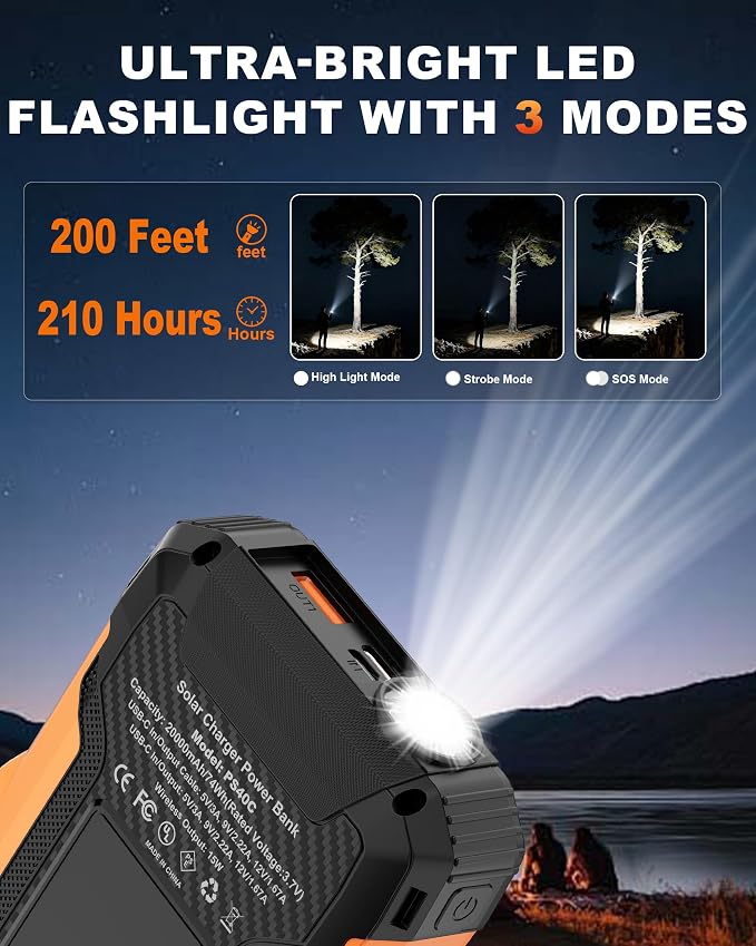 Solar Power Bank with Hand Crank and Retractable Cables, 20000mAh Wireless Portable Charger with USB-C & Camping Light, 25W Fast Charging Battery Pack for iPhone, iPad, Samsung, All Mobile Phones
