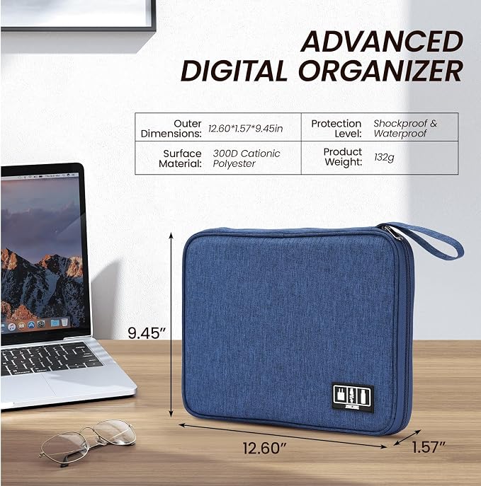 Large Slim Cable Organizer Travel Case, Single-Layer Electronic Accessories Pouch for Chargers, Cords, Power Bank, Mouse and SD Cards, 12.6 x 9.45 x 1.57 Inches