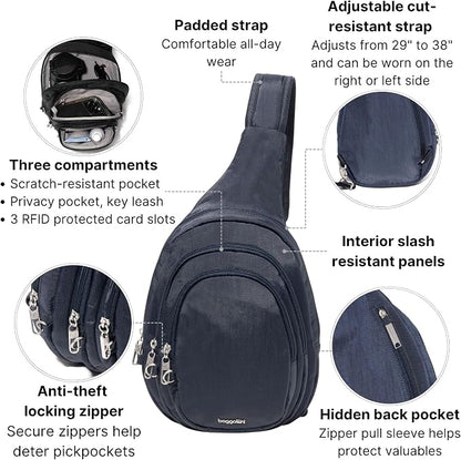 Baggallini Securtex® Anti-Theft Multi Zip Sling - Lightweight 8.6"x15.2" Travel Bag with Locking Zippers & RFID Protection