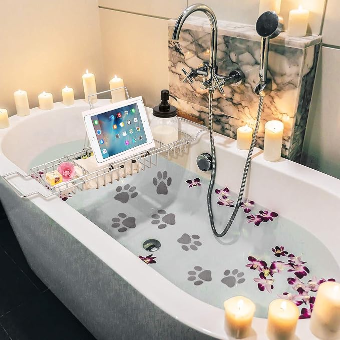 HOMEE Stainless Steel Shower Caddy Tray with Removable Book Holder, European Style Extendable Rectangular Bathroom Tray for Shower Bath Phone IPad Book Holder Candleholder Table Shelf - Silver