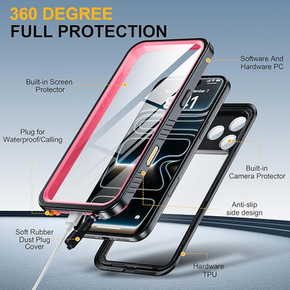 ANTSHARE for iPhone 17 Pro Max Case, IP68 Waterproof Shockproof Case, [Built-in Screen Protector] - 12 FT Military Dropproof - Full Body Heavy Duty Rugged Phone Cover 6.9 inches - Pink/Clear