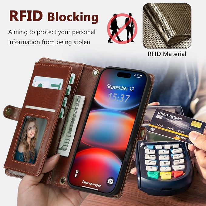 Wallet Case for iPhone 17 Pro Max with Card Holder/Crossbody Wallet/Strap,[RFID Blocking][Magnetic] PU Leather Phone Case for iPhone 17 Pro Max,6.9 in,Brown