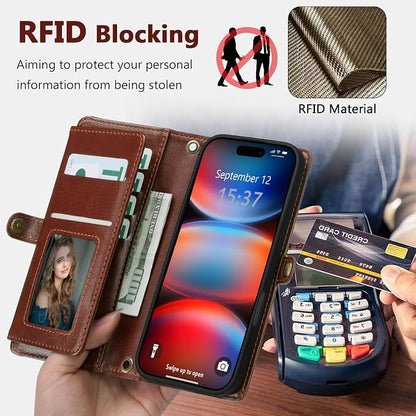 Wallet Case for iPhone 17 Pro Max with Card Holder/Crossbody Wallet/Strap,[RFID Blocking][Magnetic] PU Leather Phone Case for iPhone 17 Pro Max,6.9 in,Brown