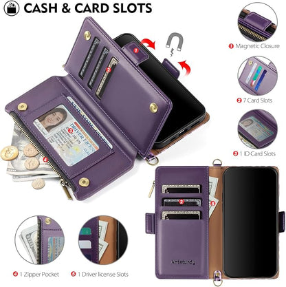 Antsturdy Compatible with iPhone 15 Wallet Case for Women【RFID Blocking】 Crossbody Phone Case PU Leather Zipper Wrist Strap Flip Cover Credit Card Holder Slots,for Apple 15 6.1",Leopard-Purple